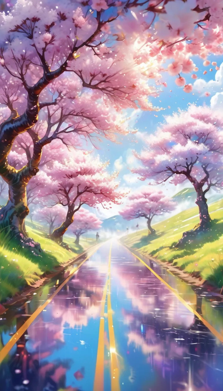 Emphasizes the overall rainbow colors, strangely blue sky and white clouds ，The road is covered with beautiful cherry blossom trees， Watercolor Style, The World After 30 Years ,16k, Ultra High Resolution , Ultra High Resolution , Born,wonderful ,future、Iri...