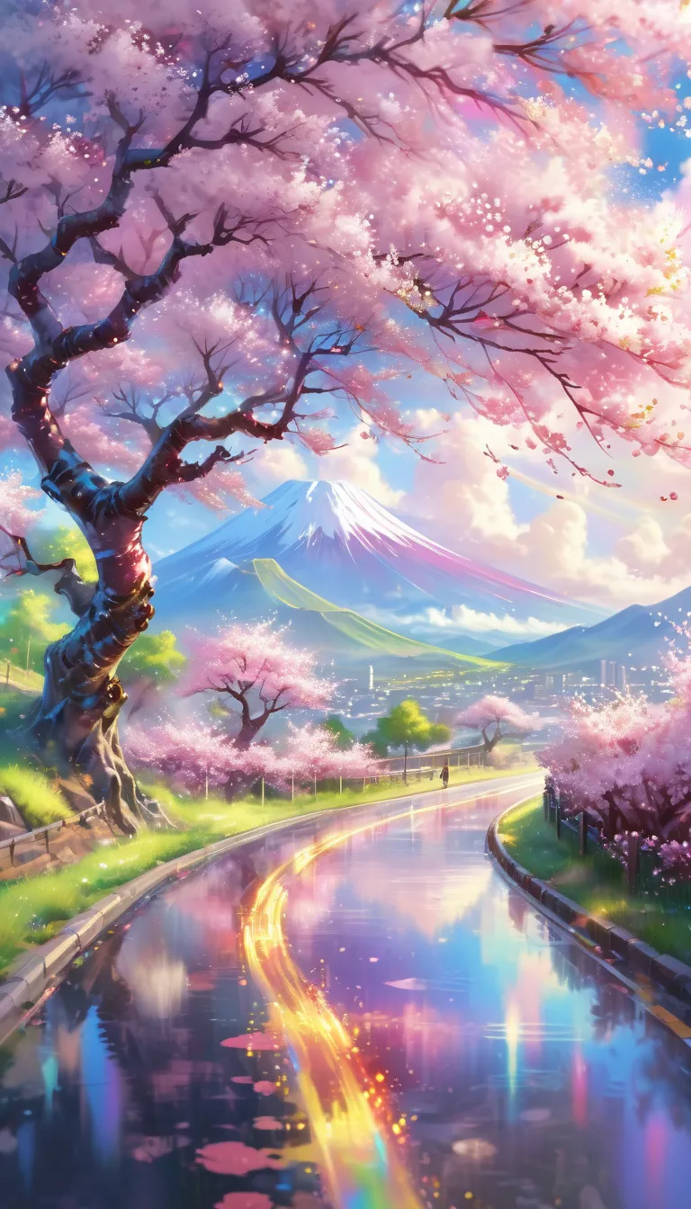 Emphasizes the overall rainbow colors, strangely blue sky and white clouds ，The road is covered with beautiful cherry blossom trees， Watercolor Style, The World After 30 Years ,16k, Ultra High Resolution , Ultra High Resolution , Born,wonderful ,future、Iri...