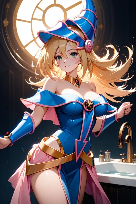 black magician girl、 Gold、Angle from Above、Big Breasts、 sink、upper body、 with outstretched hands、dark background