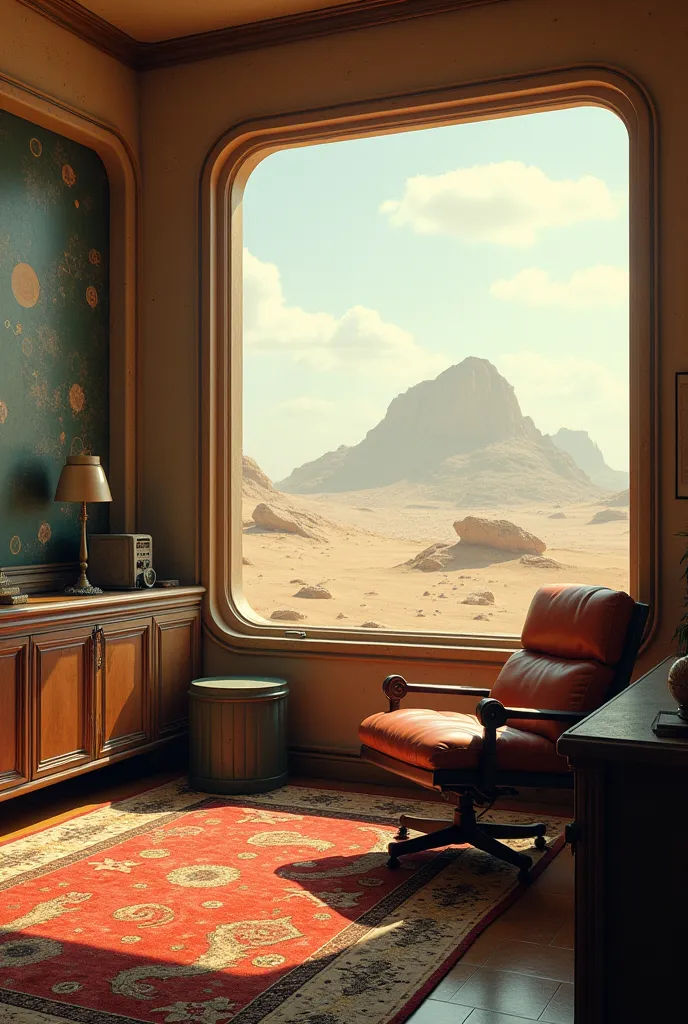 Make me a vintage room with a futuristic desert outside 