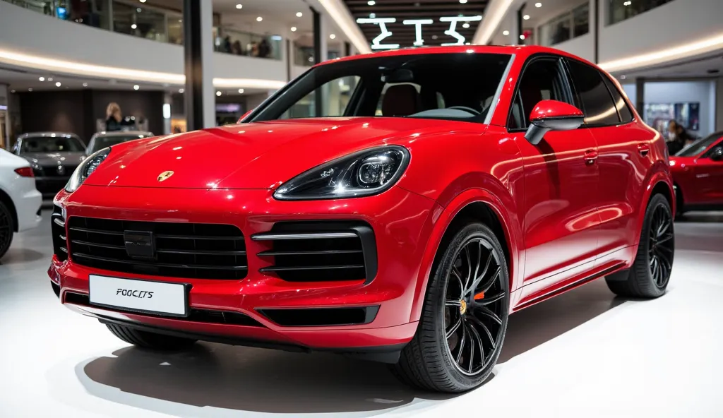 A front side view photo of a red 2025 Porsche cayenne GTS with a sleek, full modified, modern design. The car is parked on a white surface. The background is a luxury showroom mall with white lights. The photo reveals the luxurious interior. The overall am...