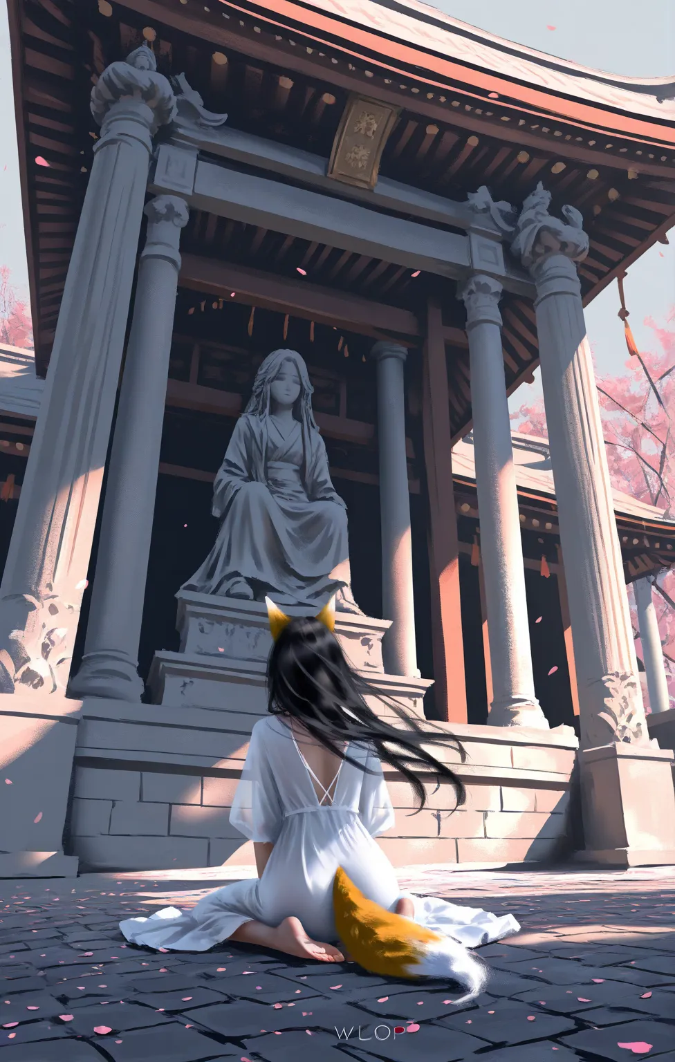 [wlop:1.2],1girl,solo, long hair, temple, fox girl, tails,sitting, wind:0.66,leaf, petals, shadow,low angle, from behind, barefoot, flowing hair, white dress, black hair, cobblestones, dappled sunlight,Atmospheric lighting, moody,Soft Color Palette, intric...