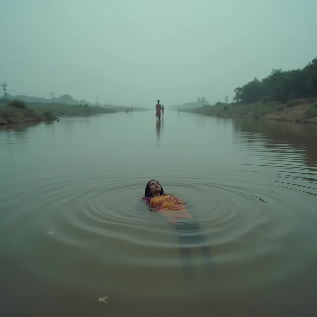 Here’s the updated prompt:  

"A hyper-realistic cinematic image of a large, expansive muddy river in India, its wide surface rippling under an overcast, gloomy sky. From a distance, the faint outline of a woman’s body is partially visible, floating and ca...