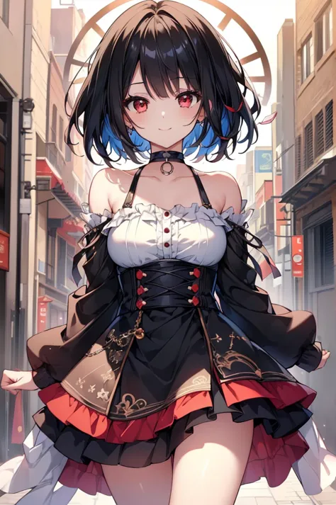 (masterpiece, highest quality, highest quality, (No text), Beautiful and aesthetic:1.2),No text,アニメ、BREAK,One Girl，Black Hair Girl　short hair　older sister　choker　Beautiful eyes　Red eyes　cool　smile　Red and Black　one piece　mini skirt　whole body　In town