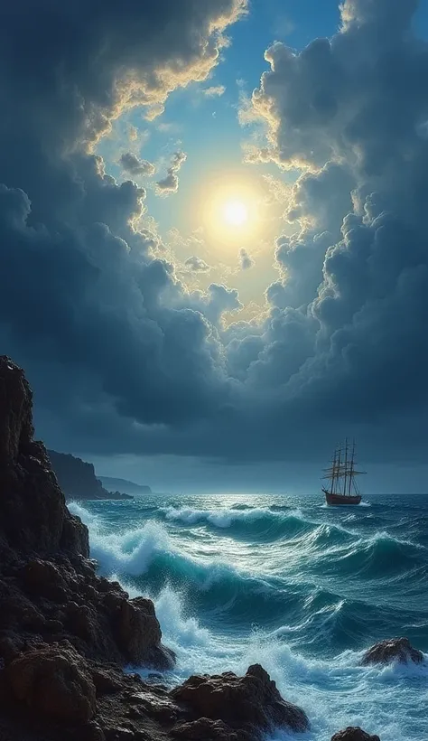 Create a picturesque image seascape in the style of Ivan Aivazovsky, conveying its characteristic writing style:  soft transitions of light and shadow , dramatic sky with swirling clouds, the play of light on the water and the feeling of infinity seas. Let...