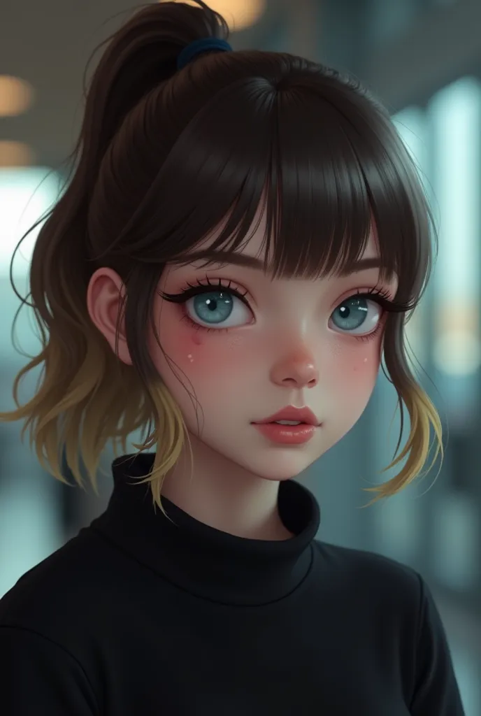 Now create a tired girl with bruises under her eyes, blue eyes, bangs on black clothes and with short dark brown hair and on the sides with blonde strands, slightly wavy at the bottom and with " pony ". She's at work at the reception 