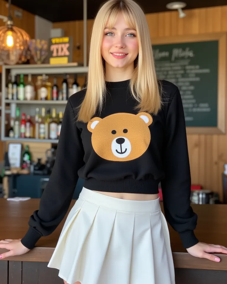 A beautiful (straight blonde hair) young woman wearing a sexy black colour with "teddy bear" on big center school uniform, pleated white mini skirt, in beer bar confidence Standing posing, vibrant smile, slender curvy glamorous figure, blue eyes, hyper-det...