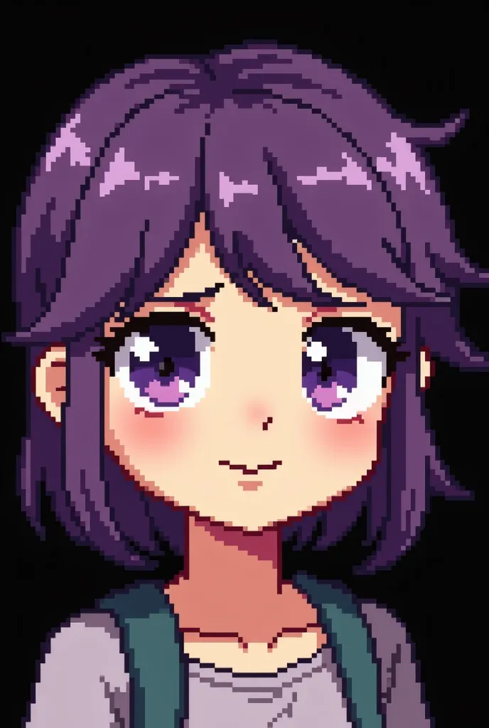 a close up of a person with purple hair and a black background, she has a cute expressive face, /r/pixelart, set of high quality hd sprites, very high quality face, slightly happy facial expression, twitch emote, spritesheet, visual novel sprite, cynical f...