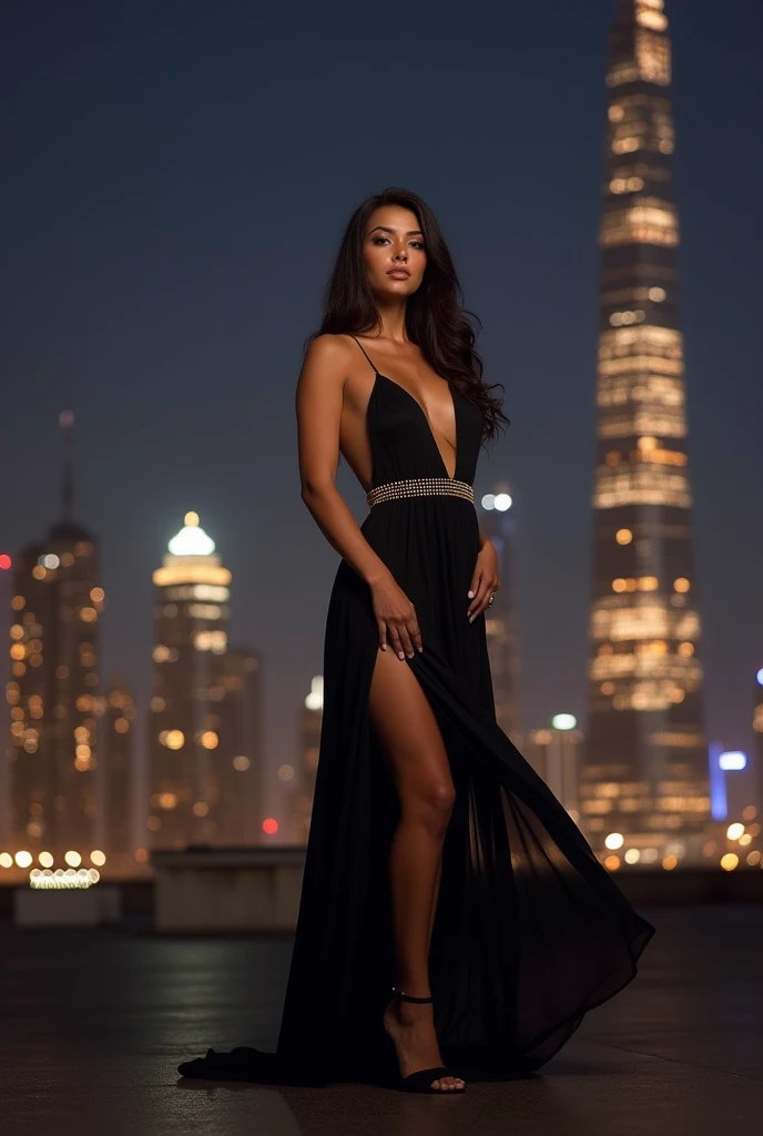 A photo-realistic shoot from a side camera angle about a woman in a stunning black gown standing on a rooftop at night, with a city skyline in the background. the image also shows a woman standing confidently in the middle of the image, wearing a long, flo...