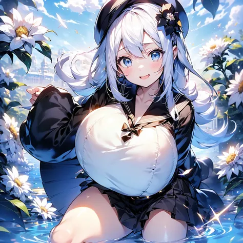  1girl , Cute Beautiful Girls、Black Sailor Suit、 black box pleated skirt、Student hat、smile、 milky white and blue gradation hair color、 Compa、flower、 Fantastic、