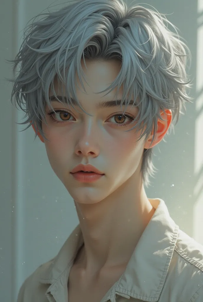 A gray-haired young man,light brown eyes,full lips, delicate appearance 