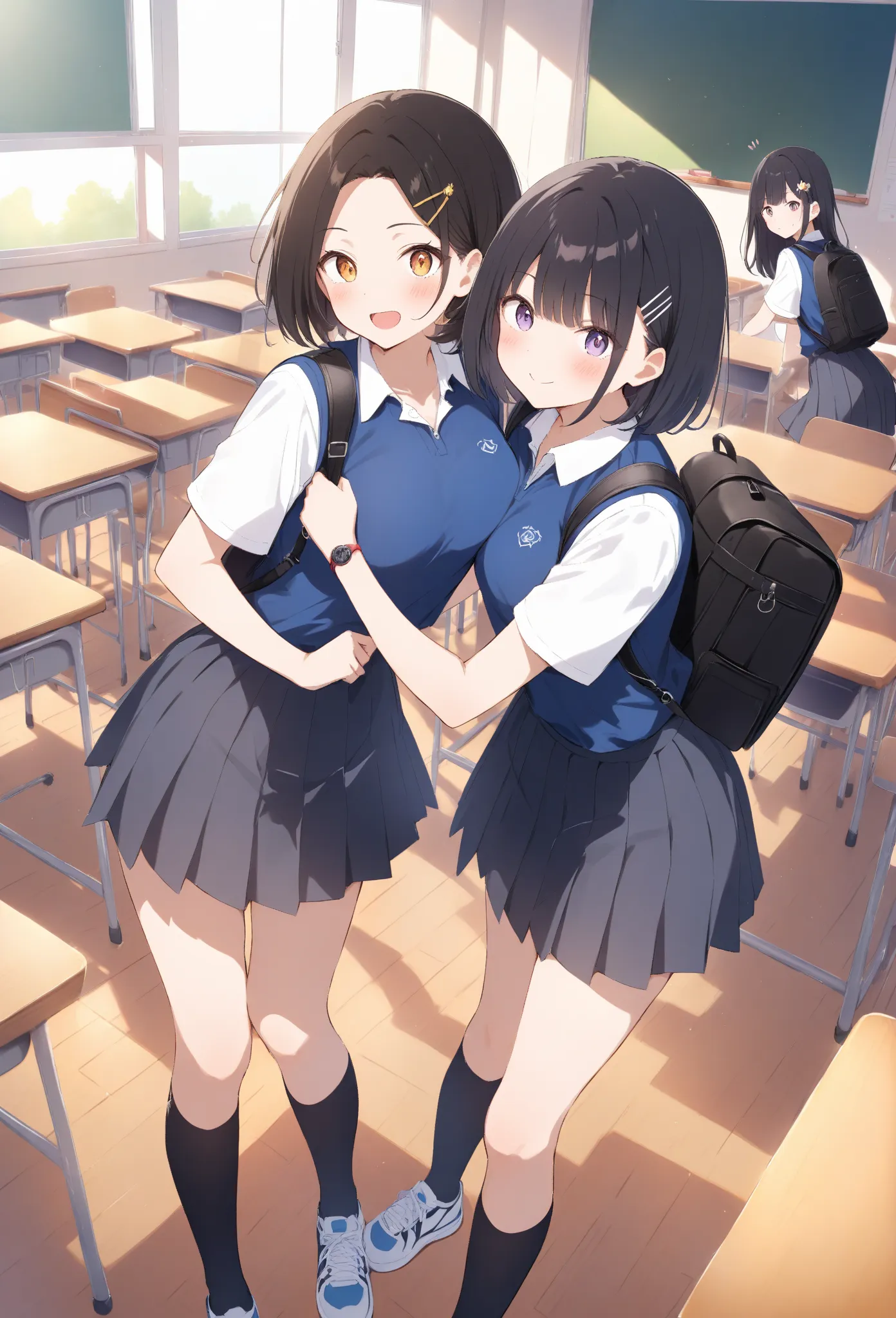 「 in the classroom、is reaching under her desk、trying to wear shoes with the other hand。uniform is designed with a dark blue polo shirt with a white collar、 wearing a black pleated skirt 。they are wearing black knee socks and sports shoes, and the、female hi...