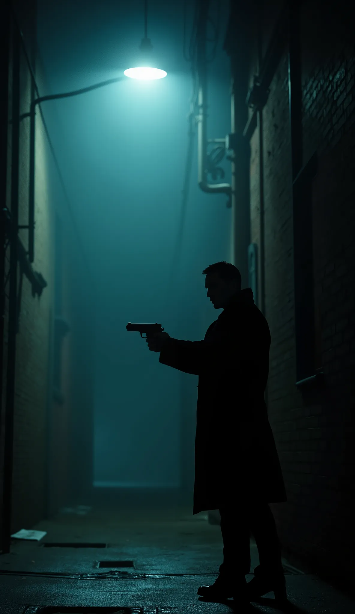 A Lone Figure Under a Streetlamp, A scene from the movie 、007,  Daniel Craig, back alley in New York at night、James Bond stands quietly with a gun under a streetlight、fog、Steam rising from a sewer、Silence