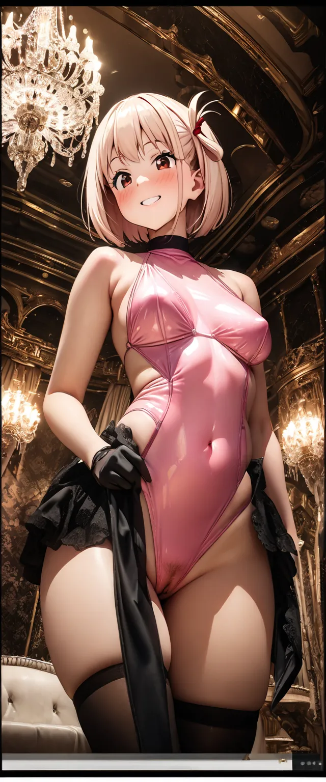 (beautiful girl : 1.3),1 girl,(chisato nishikigi),( pink shiny slingshot swimsuit, turtleneck,Black long gloves,black high socks, pubic hair),smile, is embarrassing,blush,Extravagant Palace ,chandelier, taken from below,masterpiece,highest quality,Ultra Hi...