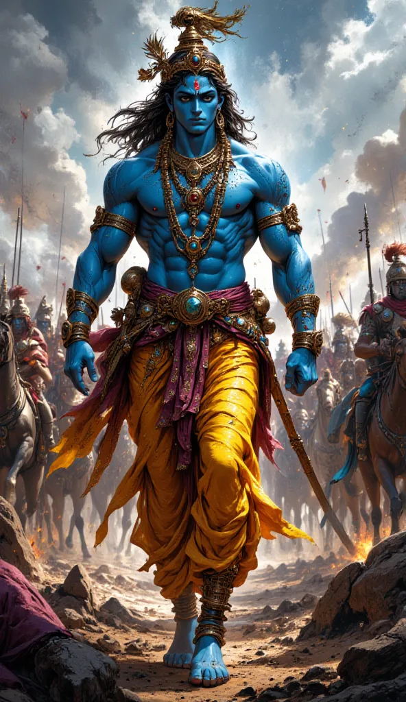 A vibrant depiction of Lord Krishna, portrayed with blue skin and elaborate attire. He wears a golden dhoti and ornamental jewelry, including earrings and a crown. Krishna walks confidently in the foreground amidst a dramatic battlefield scene, with warrio...