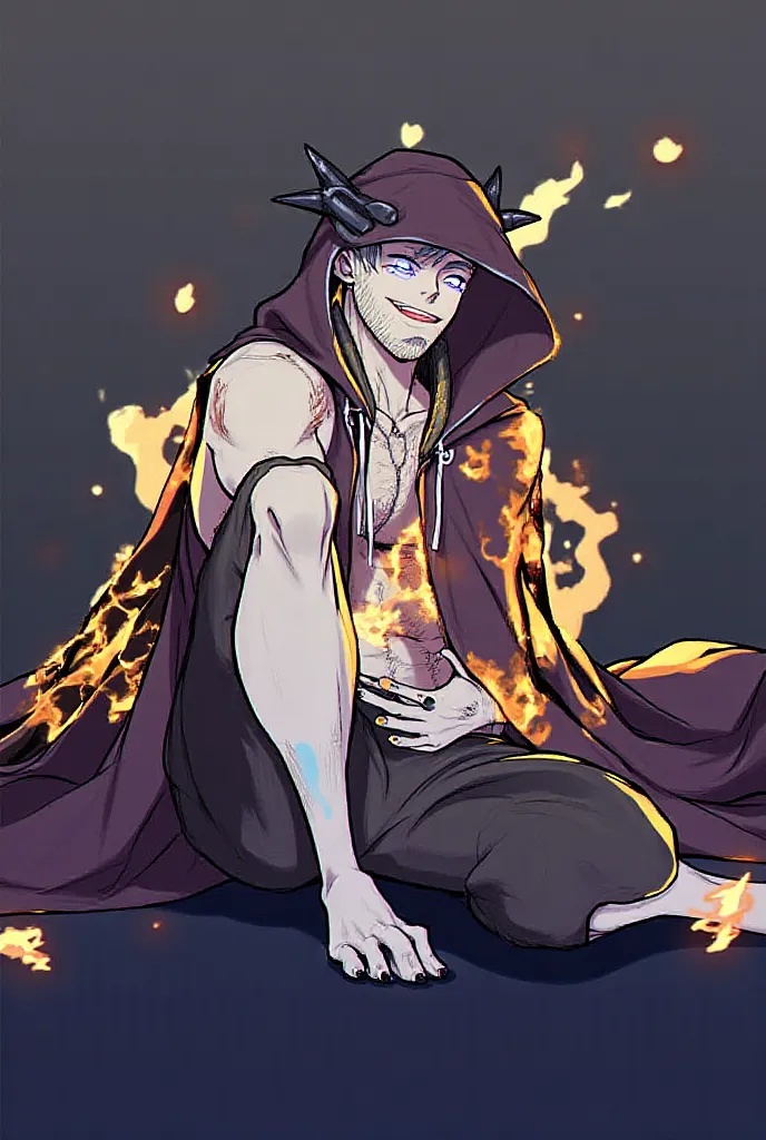 1boy, beard, black nails, blue fire, closed eyes, colored skin, face hair, fire, goatee, hood, hood up, horns, male focus, missing limb, navel, open mouth, sitting, smile, solo, tattoo, teeth, topless male, white skin