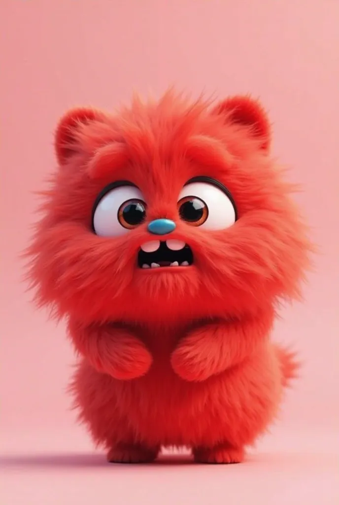 

“A charming fluffy red character with big round eyes, with a small blue nose and protruding teeth. The background is soft pink, and the character himself looks slightly surprised or confused. The coat texture is detailed, fluffy and realistic. The image ...