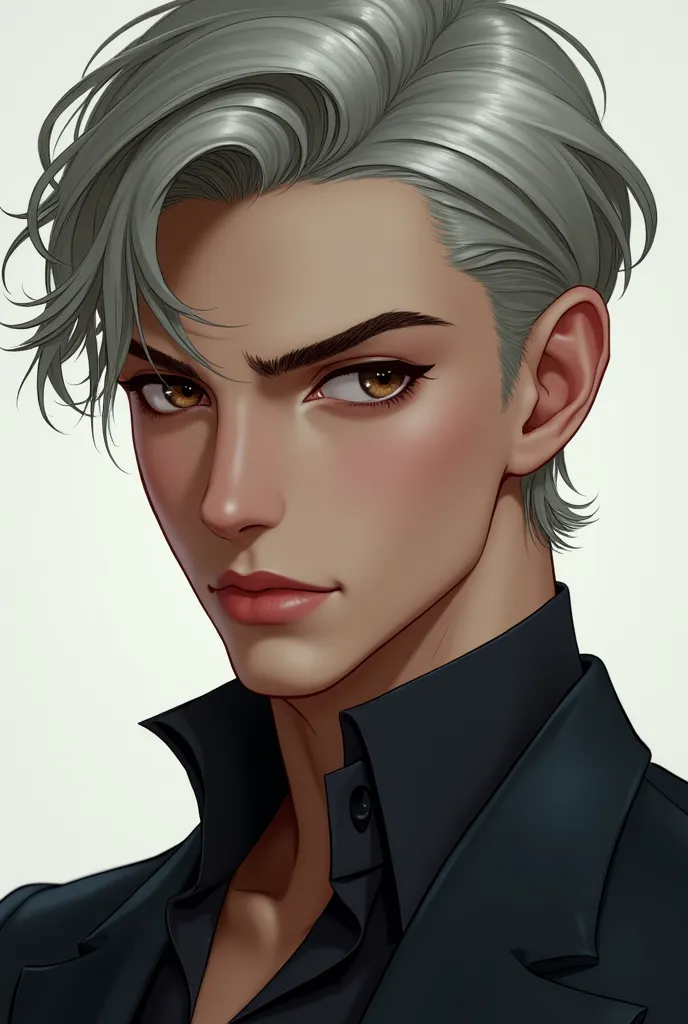 A gray-haired young man,light brown eyes,full lips, fofo