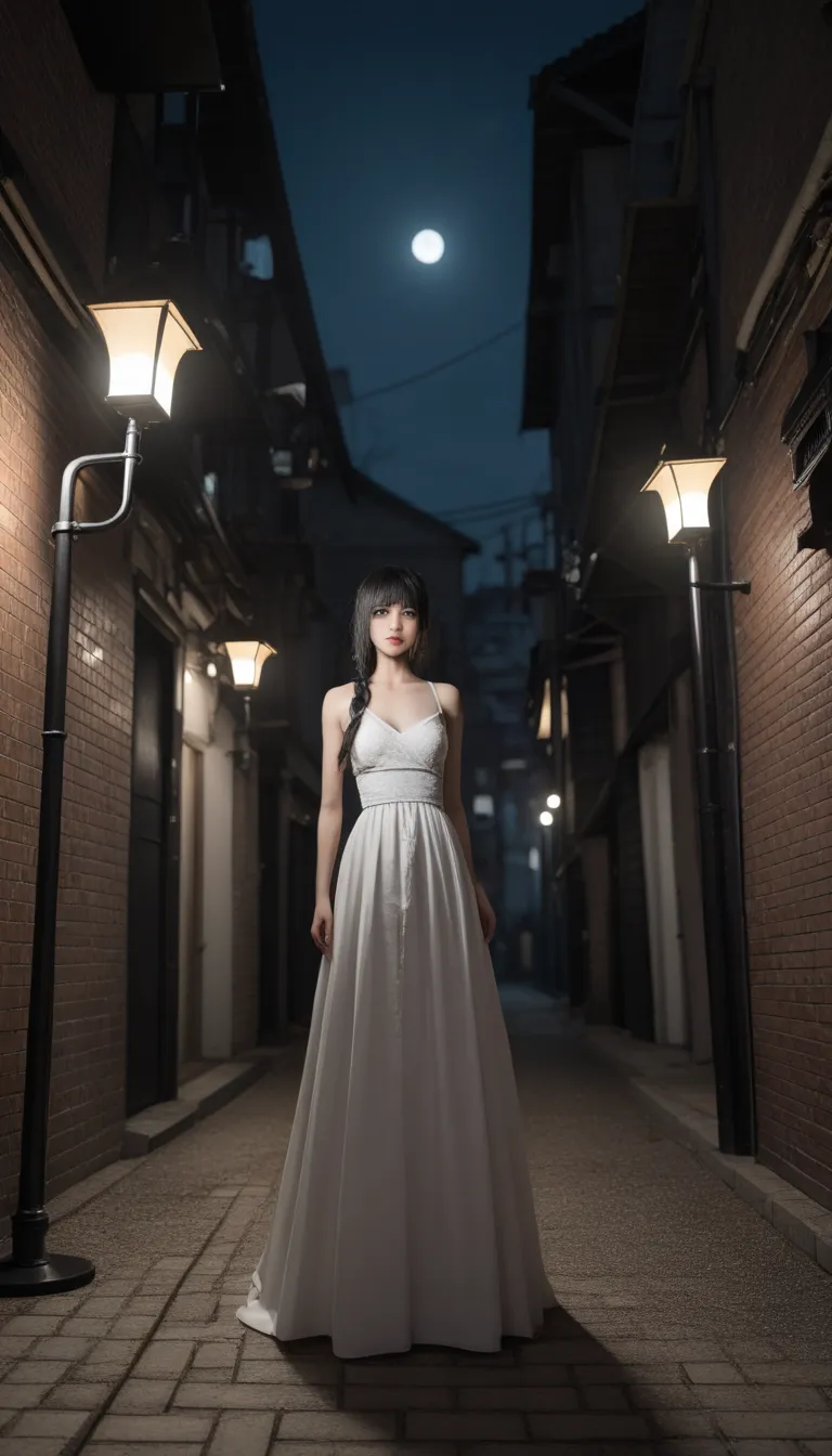 Super long angle, A Lone Figure Under a Streetlamp, (((antique gas lamp:1.5))), Night Time, very dark street:1.5, one woman, solo, A woman is alone in a very dark alley, ghost, 非常に白いone woman,  white skin, Extremely thin women , skinny, White gown, ghostのよ...