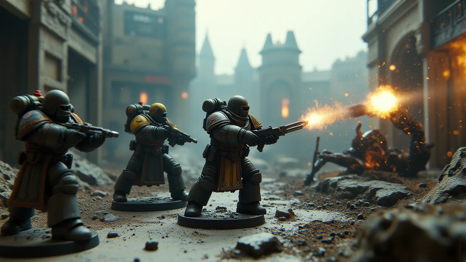 In a hyper-realistic, cinematic animation, a squad of miniature Warhammer soldiers, meticulously painted and equipped with intricate weaponry, engage in a fierce battle amidst a war-torn diorama. The scene is bathed in dramatic, directional light, casting ...