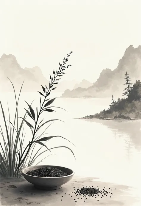 in hand painted ink painting，A black sesame plant swaying gently，next to a ceramic bowl filled with black sesame，background with distant mountains and flowing water，Distant view。