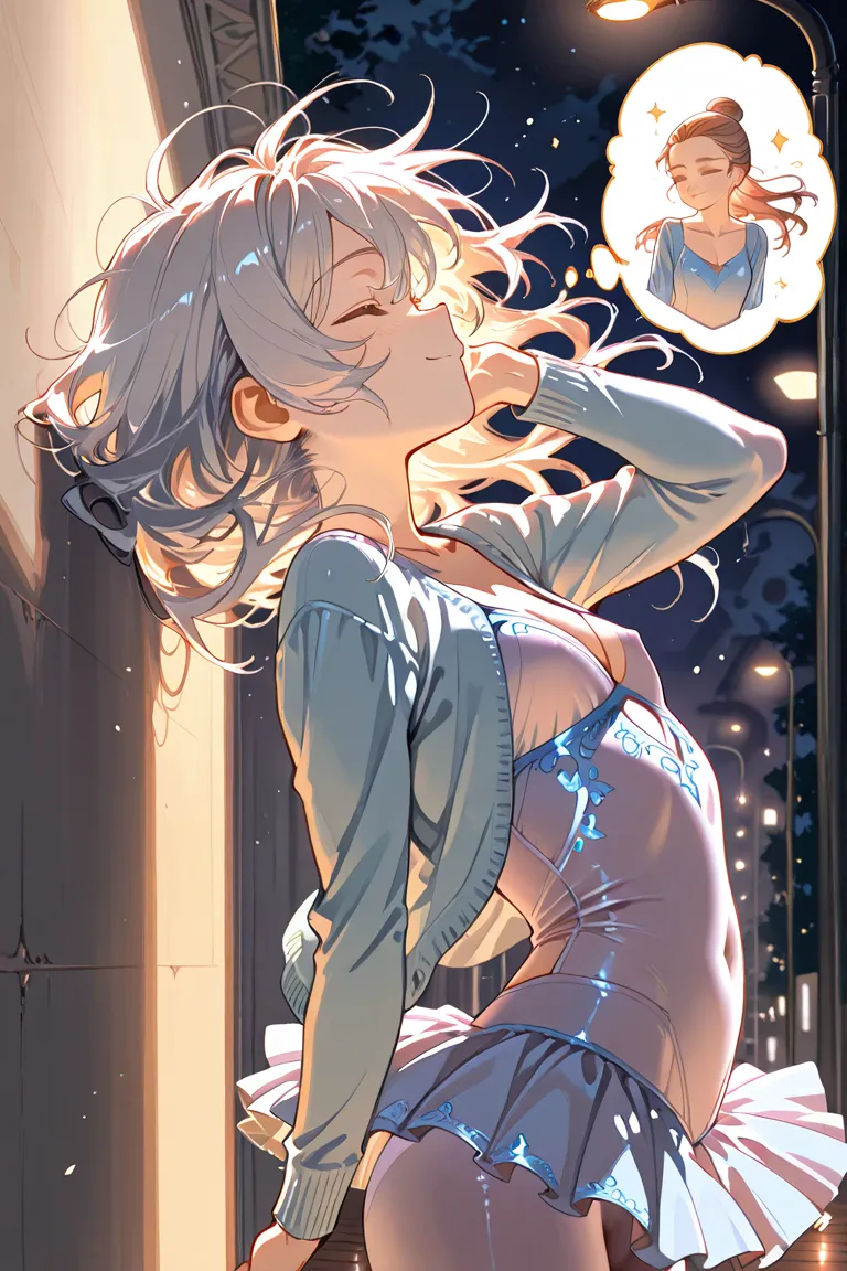 Nsfw,1girl, solo, loli, dog girl,
, long hair, messy hair , cleavage, floating hair, cardigan under jacket, microskirt, thought bubble, (ballerina:1.6),
happy, closed eyes, 

contrapposto, leaning on wall, Shadows on the wall, hand in own hair, arched back...