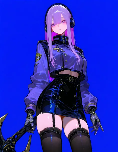    masterpiece、最     high quality  、     high quality  、    very aesthetic、     absurd、    latest、 girls、blond with a big face、      purple long hair、devil 、      gal、   earrings、    headphones 、neon colored military uniform 、 miniskirt、 garter belt in fro...