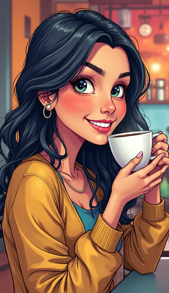 DISCREET image. with discreet casual clothes. image adult woman, american, JUST comic book style.smile. IMAGES WITH VIBRANT COLORS. half body. drinking coffe