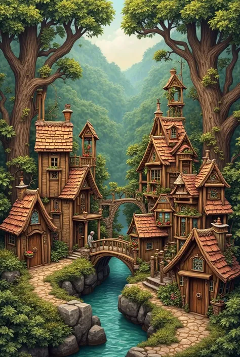 Village on the edge of a forest as a fretsaw 