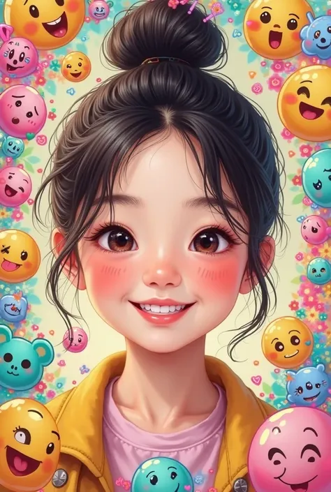 generate a likely a Korean girl name hanni Pham. The photo is digitally enhanced with various colorful cartoon stickers, emojis, and decorative elements, creating a playful and vibrant aesthetic