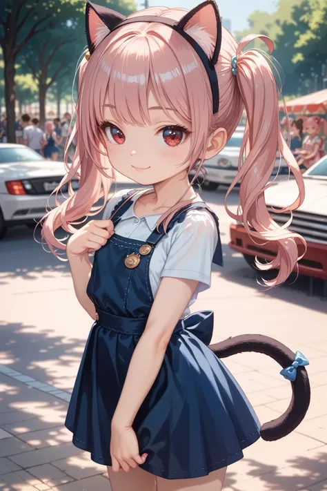 theme park, Amusement Park, light pink hair,(twintails, long hair up to waist),red eyes,smile,pinafore dress,(small breasts,cat ears,cat tails,upturned eyes),girl,(((a petite girl))),Realistic Colors and Textures,highest quality,5 carefully drawn fingers