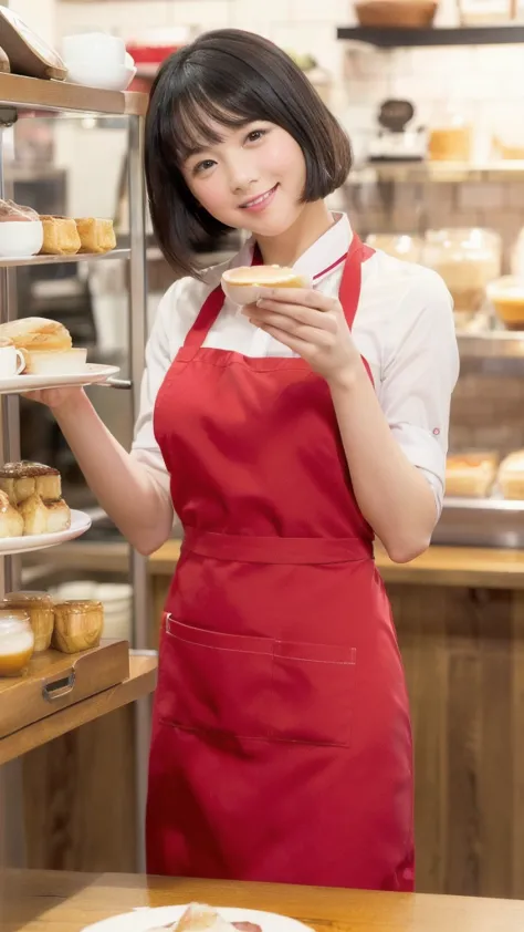 Only one woman, standing, (staff uniform) (red apron), /(black hair/) bangs, gentle smile with blush on cheeks, (top quality masterpiece :1.2) super detailed delicate illustration, ((big break)), (cafe shop) indoor, ((( girl, ,Short Bob, slim ))), ((Hold a...