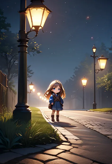 Traveler, 1 girl crouching,poncho,Rucksack、 ((((A Lone Figure Under a Streetlamp )))), night, dark,starry sky、 crescent、Country Road on the Outskirts of Town、and nothing around、One street lamp、Shadows are reflected 、Long Shadows、A Girl Surprised by Her Own...