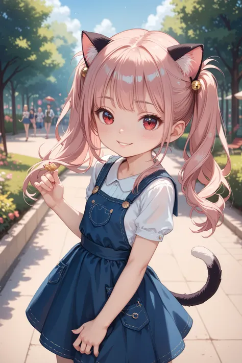 park,(((2girl ))), light pink hair,(twintails, long hair up to waist),red eyes,smile,pinafore dress,(small breasts,cat ears,cat tails,upturned eyes),(((a petite girl))),Realistic Colors and Textures,highest quality,5 carefully drawn fingers,hug
