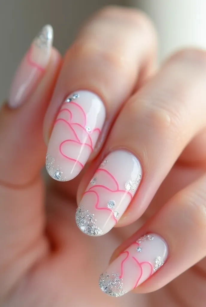 Milk-colored nails with pink wavy lines and silver foil around the edges of the waves