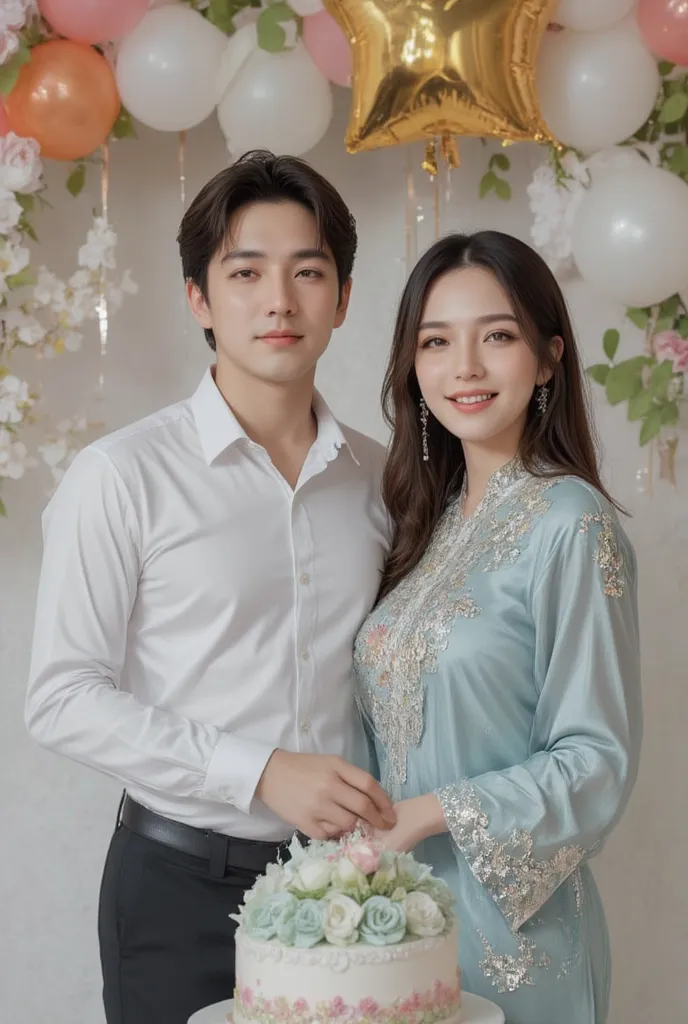 a couple of lovers are celebrating a birthday. The man was wearing a white shirt and black trousers,curly hair style korean. And the lady wore a long light blue dress patterned with flowers with intricate sequins, Long hair in beautiful diamond jewelry boo...