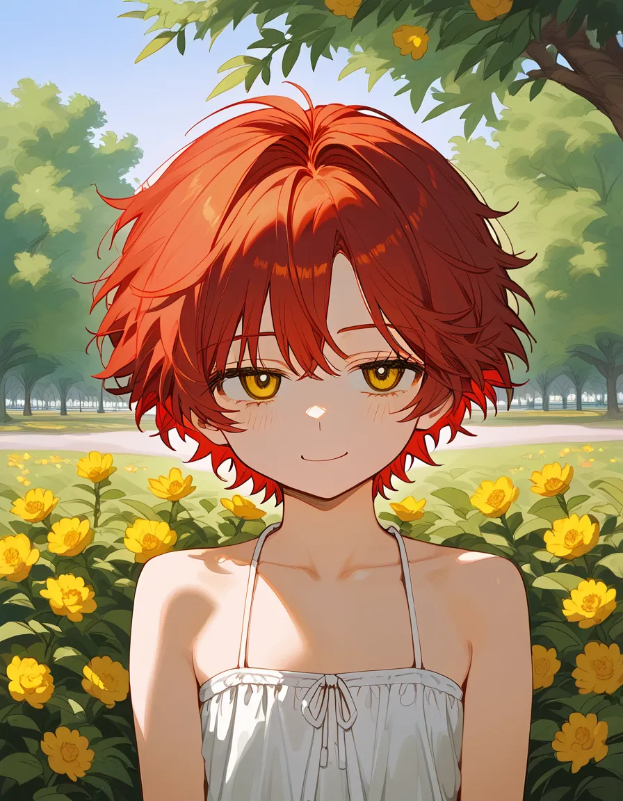 check_9,check_8_ upwards,check_7_ upwards,  boy, One, alone, wears a short, revealing white hippie dress,   eyes half open , bored eyes,  smiling softly , red hair, short hair,   yellow eyes,  outdoors, in the park,  female face and body , flat chest, alon...