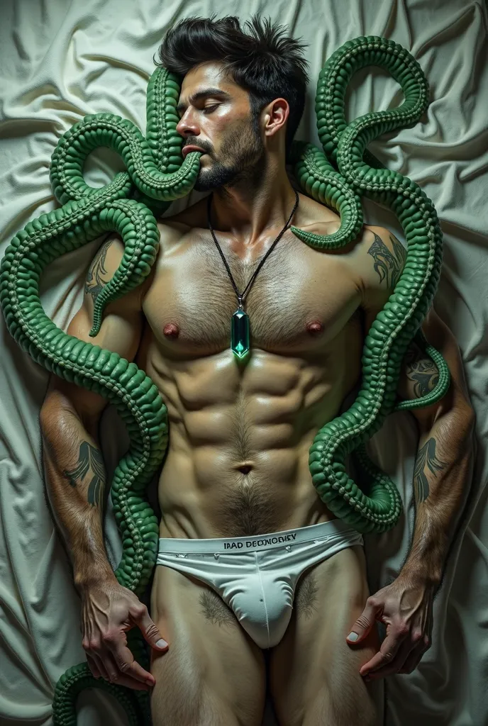 hyperrealistic image, strong muscular flux.1 d, like fainting, asleep, Sweating, his body is attacked by tentacles, several green tentacles wrap around his muscular body, wrap around his arms and shoulders, while other tentacles explore his body in a curio...