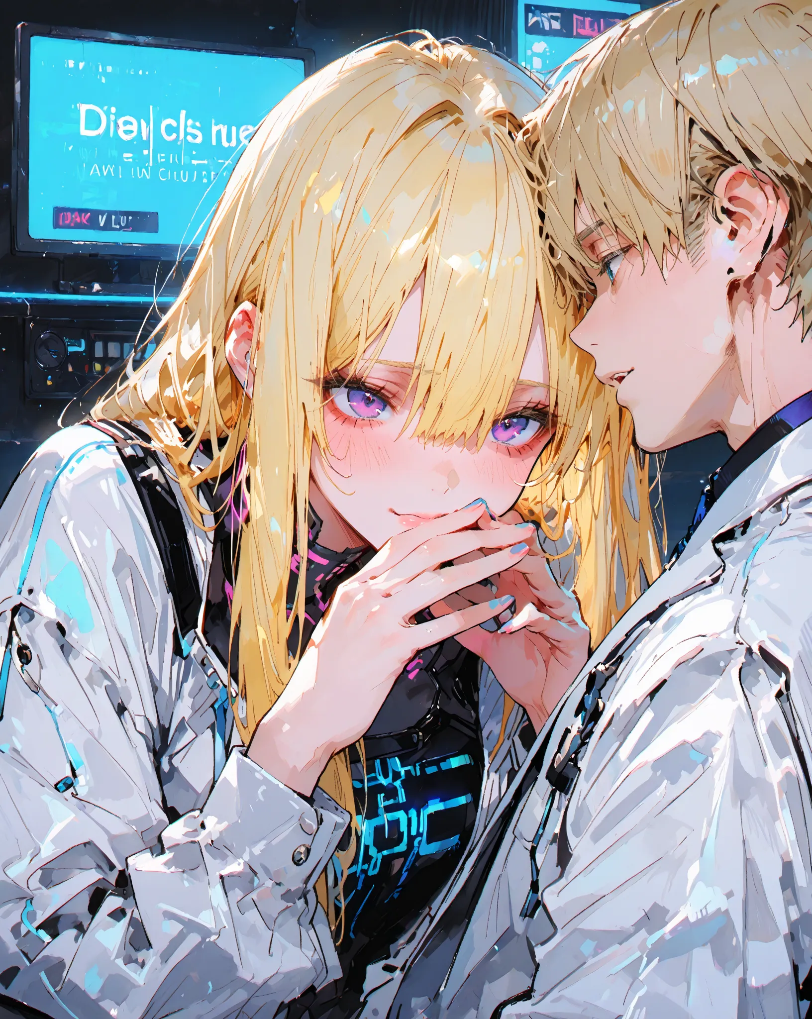 ((best quality)), ((masterpiece)), (detailed), perfect face Woman, purple eyes, with straight long blonde hair, hair inbetween eyes, cyberpunk nightclub, djs in background, 1boy, blonde hair, blue eyes, white suit, talking together.
1girl, 