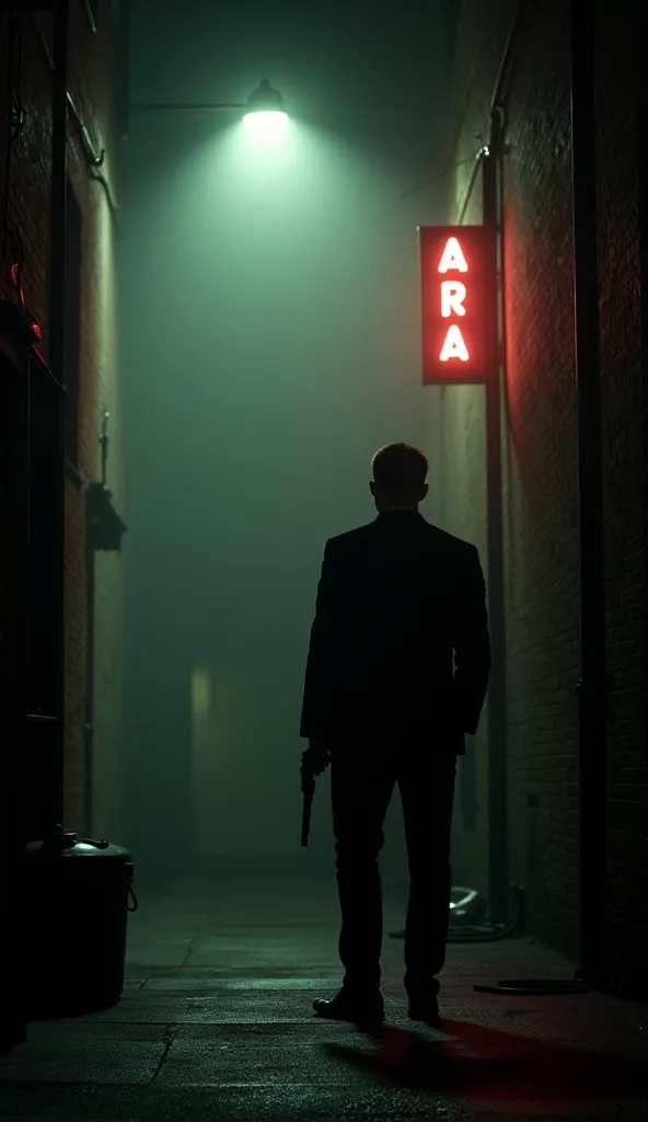 A Lone Figure Under a Streetlamp, A scene from the movie 、007,  Daniel Craig, back alley in NYC at night、James Bond stands quietly with a gun under a streetlight、fog、Steam rising from a sewer、Silence、lonely neon sign