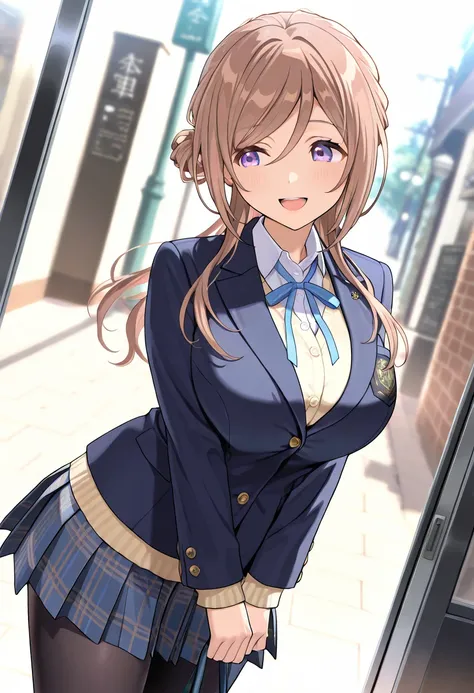 (masterpiece,high_detail,animate),1girl,himesaki rinami,purple eyes,brown hair,hair bun,long hair,blazer, blue neck ribbon, pleated skirt, black pantyhose,very cute,open mouth,dutch angle,big breast,beautiful face,beautiful eyes,details eyes,big breast,wal...