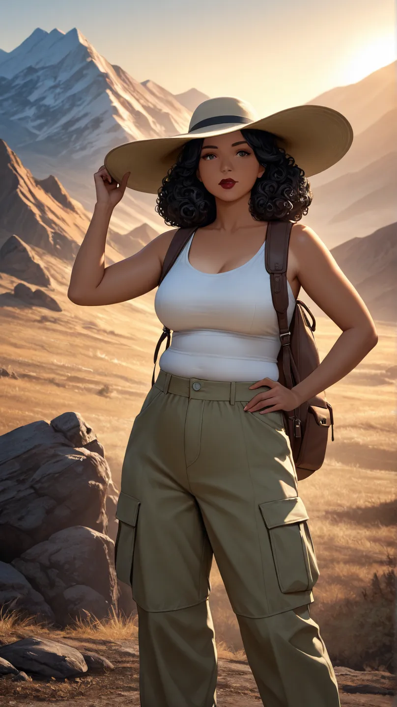 A black Skin woman, with juicy red lips, with black hair, plump, with big breasts, Indiana Jones, a traveler, with a backpack on his back, stands on a mountain