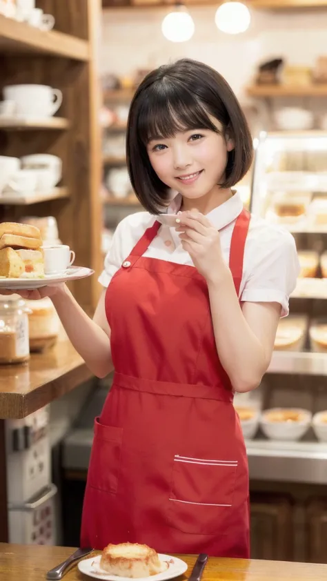 Only one woman, standing, (staff uniform) (red apron), /(black hair/) bangs, gentle smile with blush on cheeks, (top quality masterpiece :1.2) super detailed delicate illustration, ((big break)), (cafe shop) indoor, ((( girl, ,Short Bob, slim ))), ((Hold a...