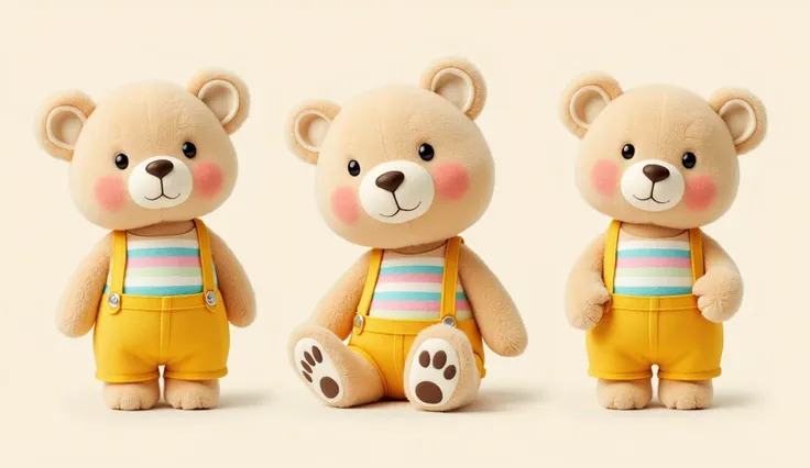 A  a cute bear cub, plush character with a soft face and large, expressive eyes that convey a friendly demeanor. It has a light brown (cream) fur coat and rosy cheeks, adding to its adorable appearance. The bear is dressed in a colorful, striped tank top t...