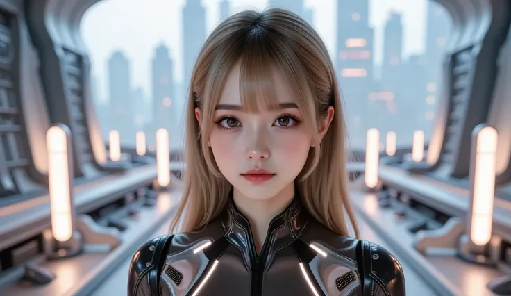 Close-up。girl in futuristic costume。Future cityscape。