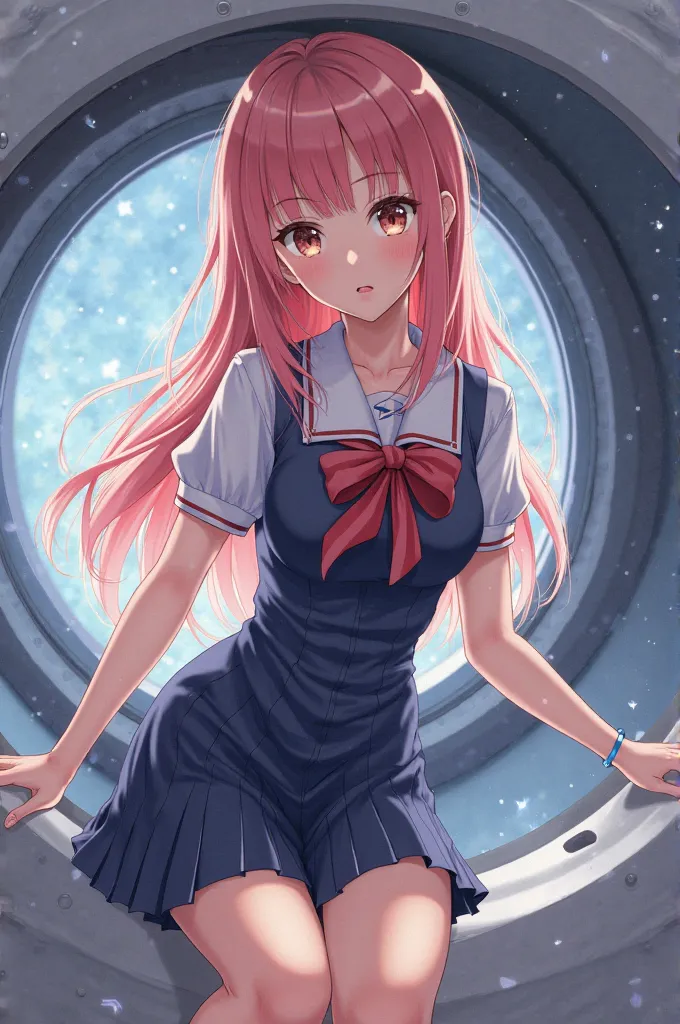 Generate an cute and tsundere anime girl with rose gold coloured long hair,wearing uniform dress,she looks sexy,she is stuck inside a washing machine 