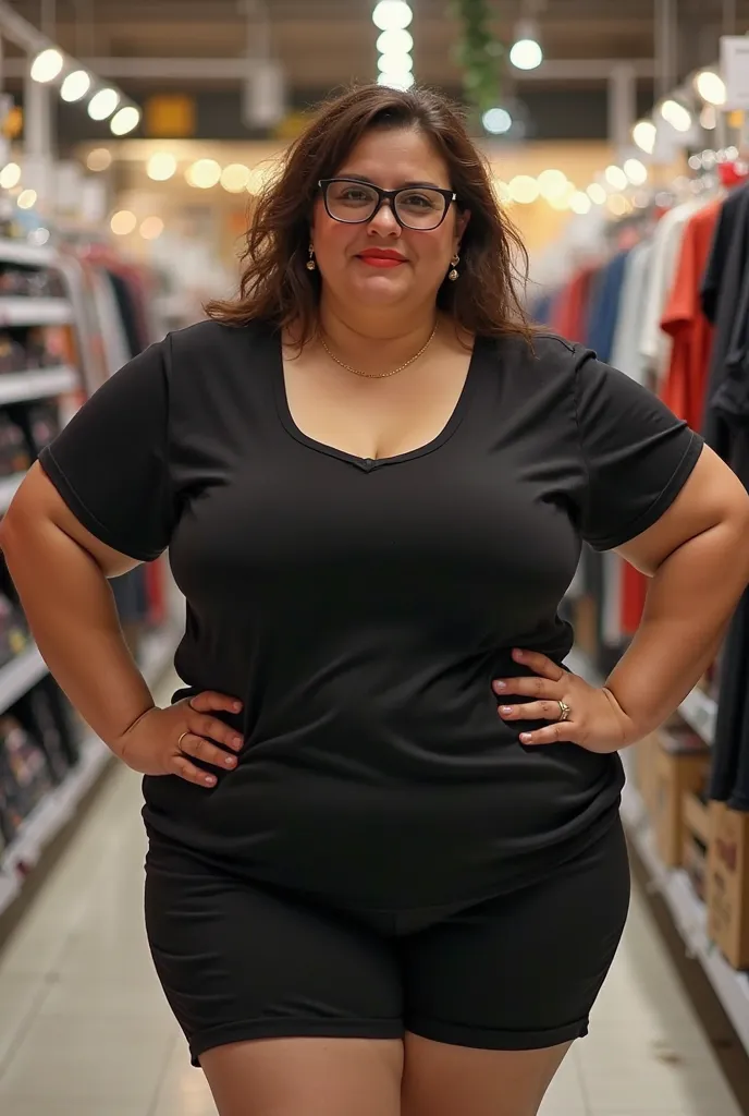 A 40 year old woman. large round breasts. Chubby woman.  pale skin. She is wearing a black t-shirt with a full neckline and shorts. She is wearing glasses . She is posing with her hands over her waist in a store