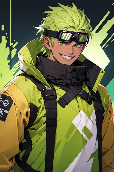 ((masterpiece,better quality)), 
ski goggles, skin green
, strethwear cloths, 
_Classic,  green-skinned ET,  green-skinned ET, 
A Grinrch boy, upper body, male focus,  black background,  smile,  smile, strong body, 