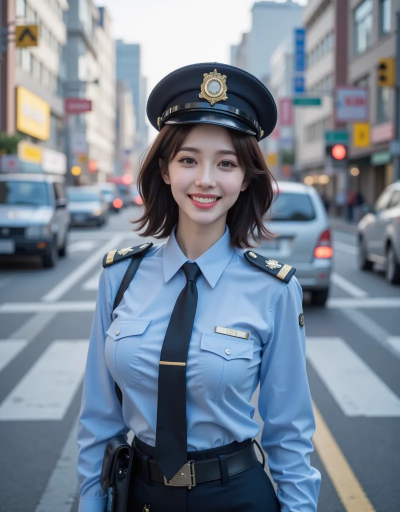 (Super cute busty Korean female police officer is doing traffic maintenance at the intersection:1.2)(smile:1.1)(幸せそうなsmile:1.2)(16k,  RAW photos , highest quality, masterpiece: 1.2),( Cute Bob Cut with Glossy Brown Hair ) Super Detail, super resolution, (G...