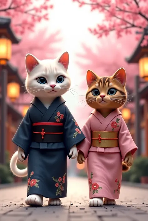 Two anthropomorphic cats dressed in traditional Japanese kimono, walking side by side in a serene setting. The male cat is white, wearing a dark blue kimono with intricate embroidery and a black obi belt. The female cat is a brown tabby, dressed in a soft ...